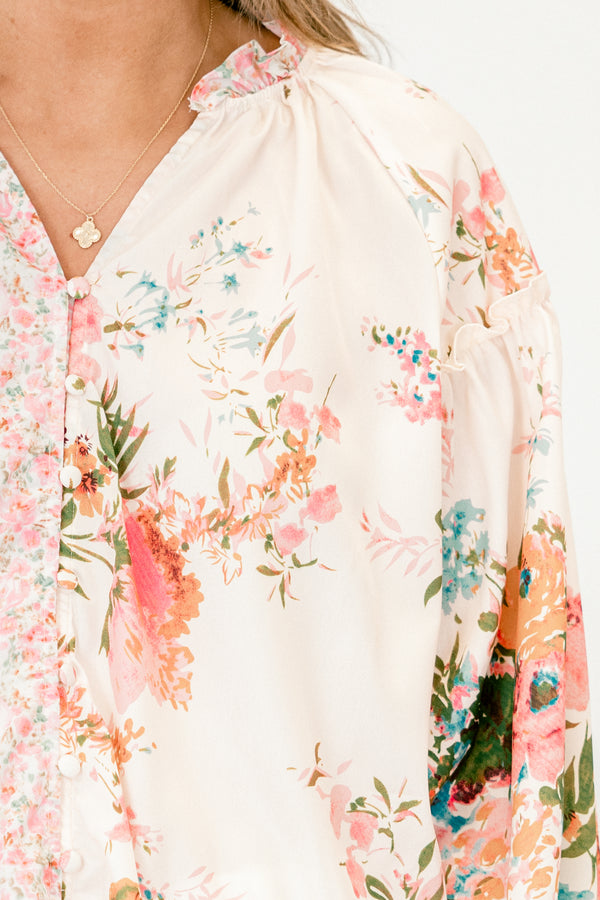 Chic Soul plus size clothing, long sleeve pink floral button up top with collar and cuff sleeves, with 2 different floral prints on each side