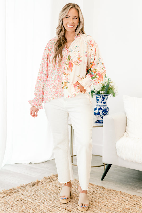 Chic Soul plus size clothing, long sleeve pink floral button up top with collar and cuff sleeves, with 2 different floral prints on each side