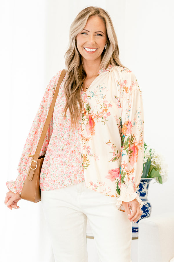 Chic Soul plus size clothing, long sleeve pink floral button up top with collar and cuff sleeves, with 2 different floral prints on each side