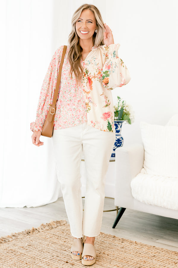 Chic Soul plus size clothing, long sleeve pink floral button up top with collar and cuff sleeves, with 2 different floral prints on each side