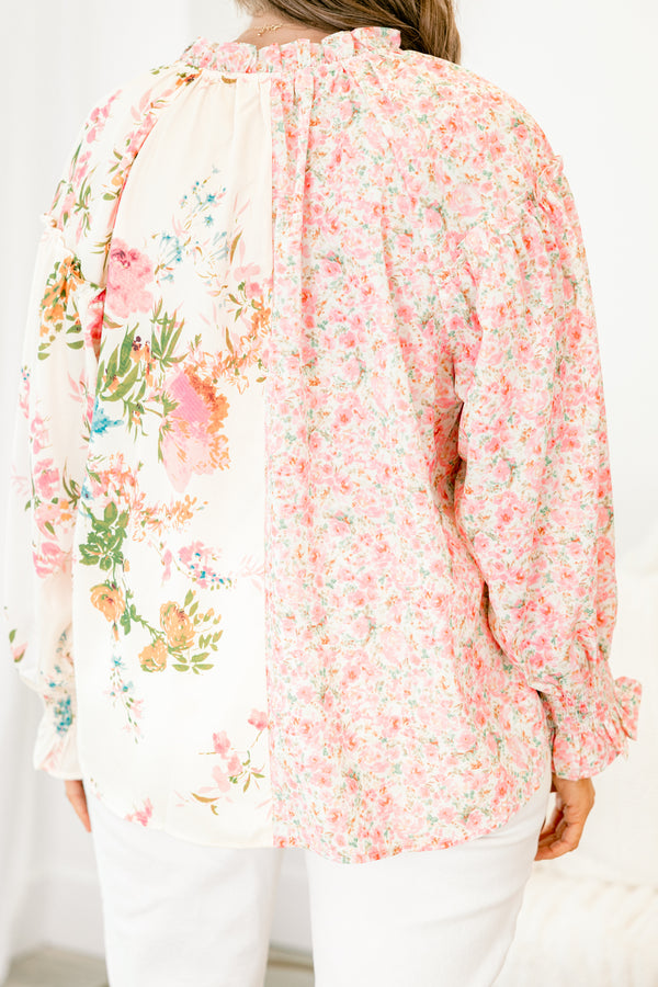 Chic Soul plus size clothing, long sleeve pink floral button up top with collar and cuff sleeves, with 2 different floral prints on each side