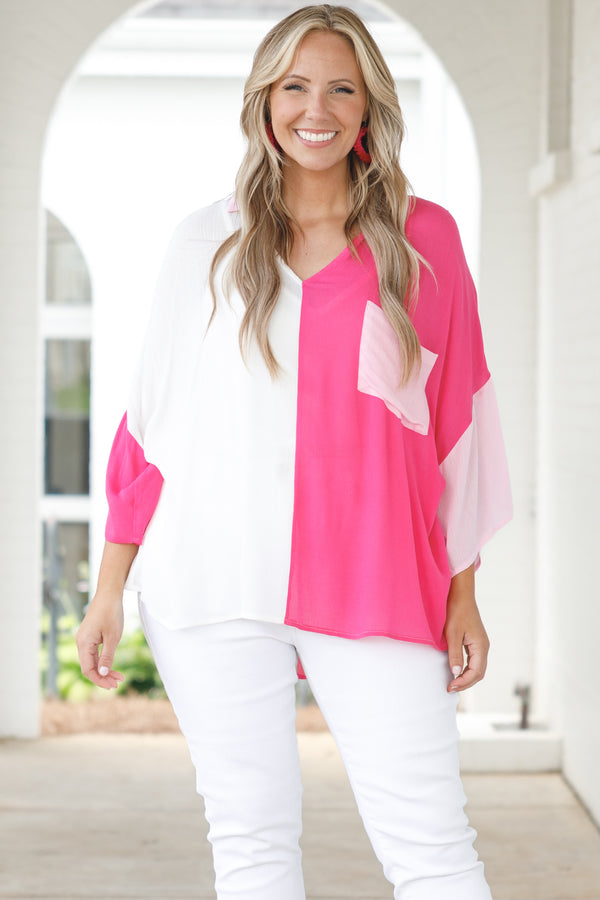 Chic Soul plus size clothing, hot pink and white color block flowy top with a front pocket