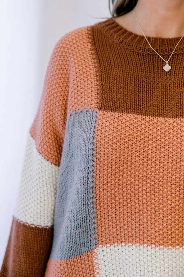 Chic Soul plus size clothing, brown and grey color blocked knit crewneck sweater