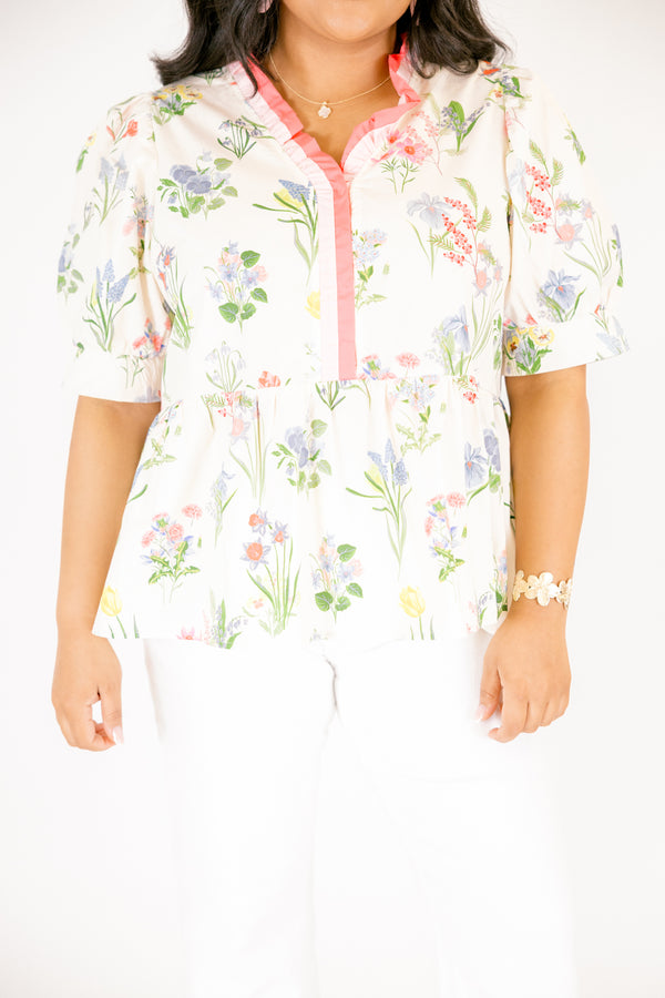 Chic Soul plus size clothing, white and multicolored floral print short sleeve peplum top with ruffle collar