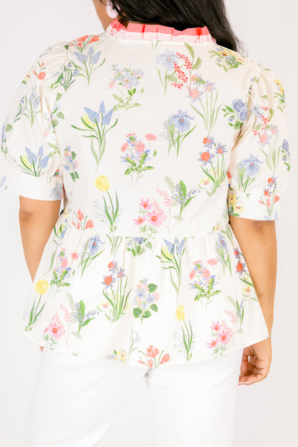 Chic Soul plus size clothing, white and multicolored floral print short sleeve peplum top with ruffle collar