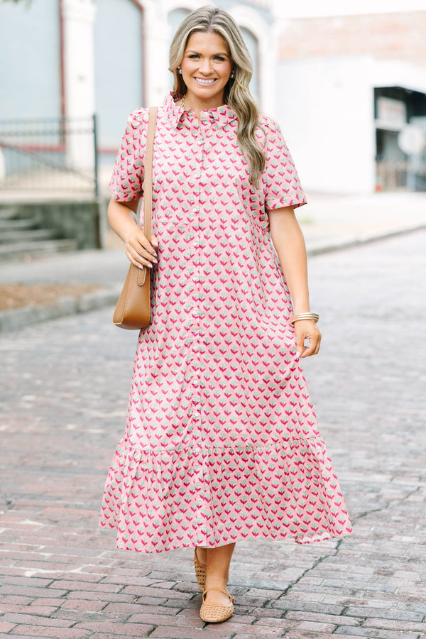 Plus Size pink medallion print maxi dress with a button-down front, collar, and short sleeves.
