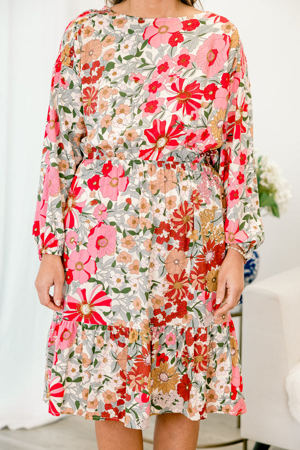 chic soul plus size clothing, pink long sleeve dress with a multi-colored floral pattern 