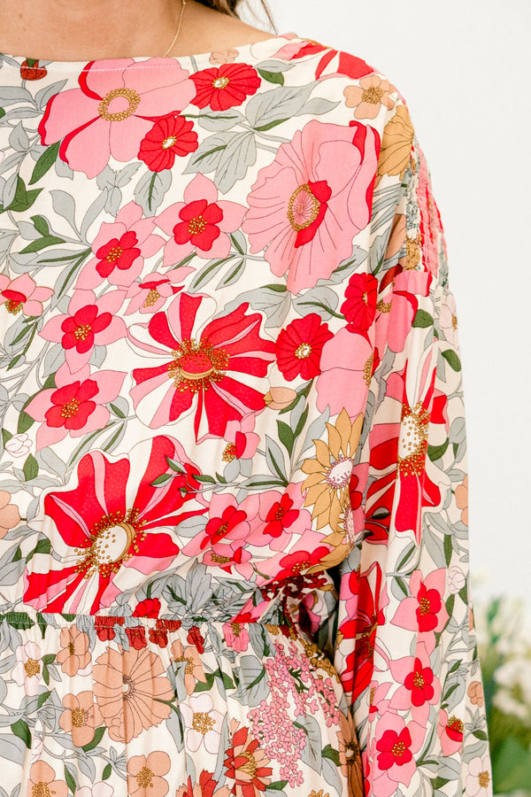 chic soul plus size clothing, pink long sleeve dress with a multi-colored floral pattern 