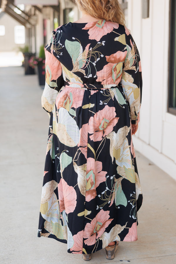 Chic Soul plus size clothing, black floral pattern maxi dress with crisscross neckline and a tie at the waist