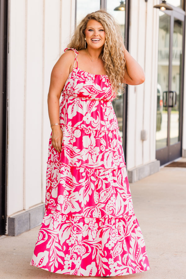 Chic Soul plus size clothing, spaghetti strap hot pink maxi dress with white floral pattern and ruffles 