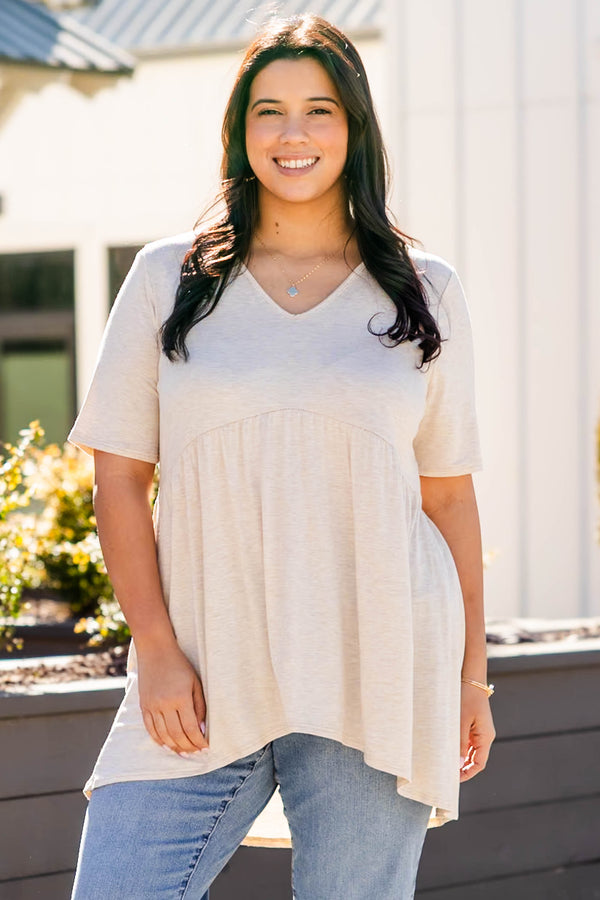 Chic Soul plus size clothing, oatmeal casual short sleeve top with v-neckline