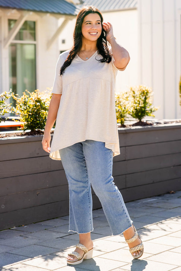 Chic Soul plus size clothing, oatmeal casual short sleeve top with v-neckline