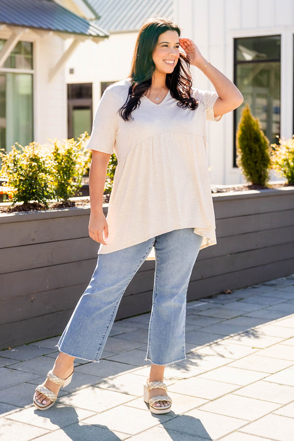 Chic Soul plus size clothing, oatmeal casual short sleeve top with v-neckline