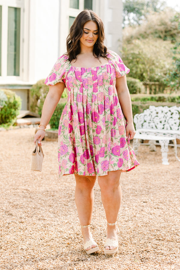 Chic Soul plus size clothing, pink short sleeve floral print mini dress with square neckline with pleated chest detail with puff sleeves