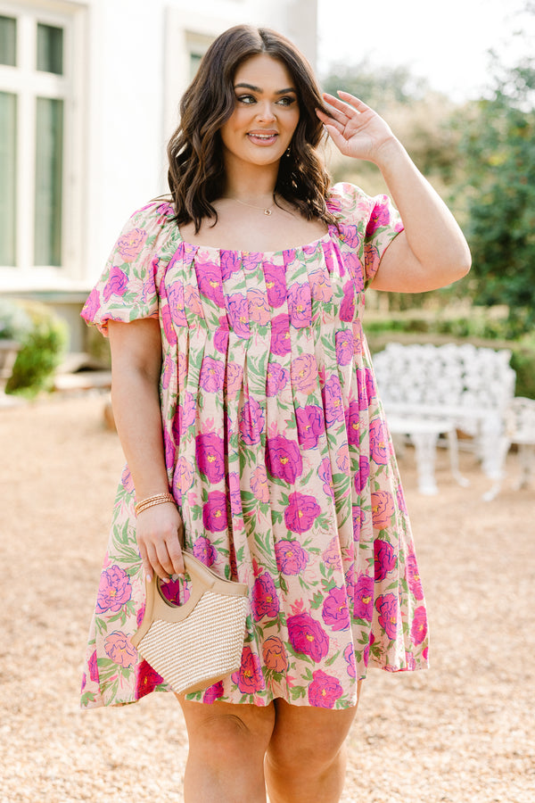 Chic Soul plus size clothing, pink short sleeve floral print mini dress with square neckline with pleated chest detail with puff sleeves