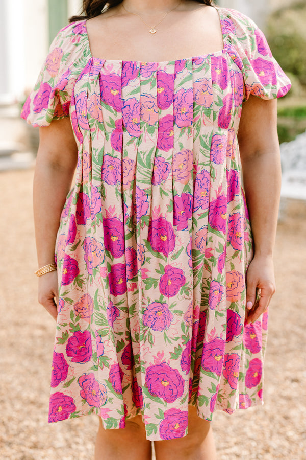 Chic Soul plus size clothing, pink short sleeve floral print mini dress with square neckline with pleated chest detail with puff sleeves