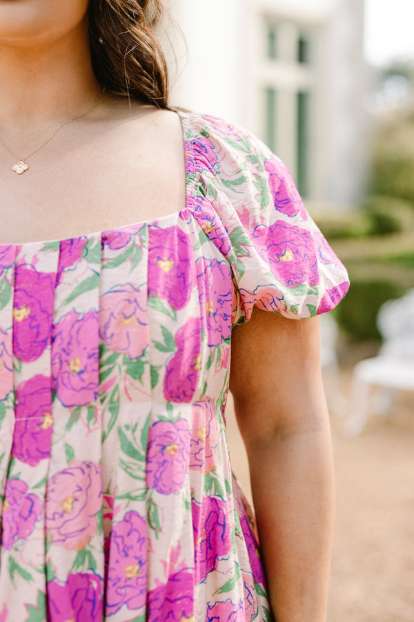 Chic Soul plus size clothing, pink short sleeve floral print mini dress with square neckline with pleated chest detail with puff sleeves
