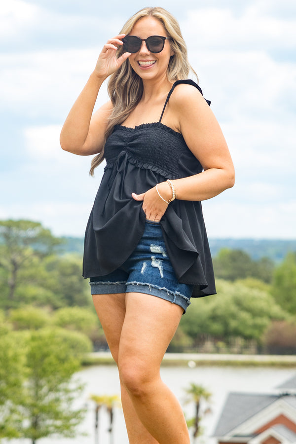 Chic Soul plus size clothing, black flowy tank with a smocked bodice