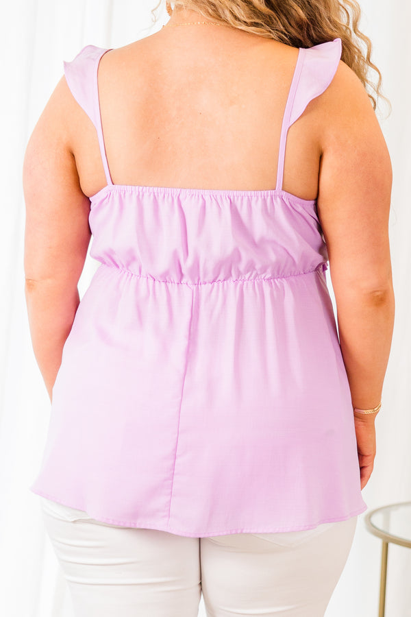Chic Soul plus size clothing, ruffle sleeve lavender tank top with smocked detailing