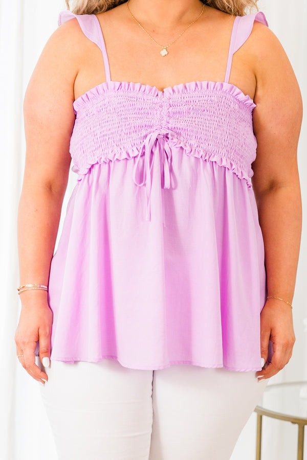 Chic Soul plus size clothing, ruffle sleeve lavender tank top with smocked detailing