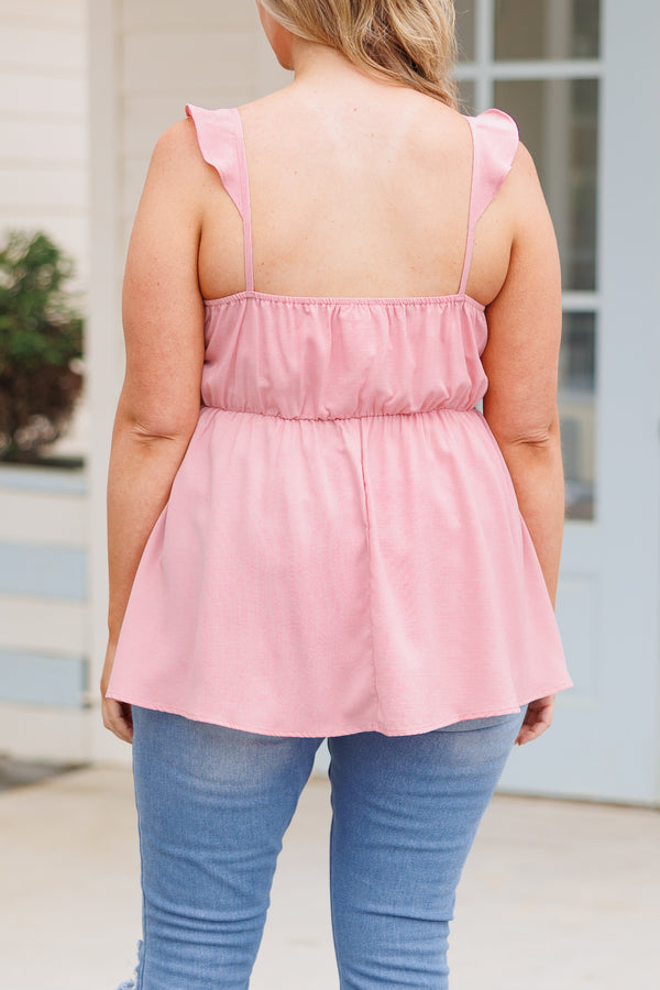 Chic Soul plus size clothing, dust pink babydoll style flowy top with smocked bodice and flutter straps