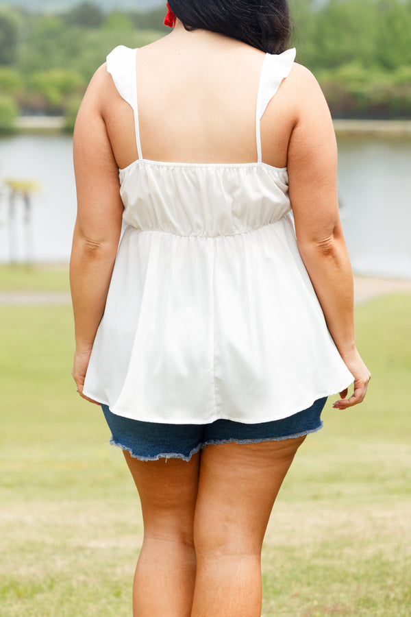 Chic Soul plus size clothing, white babydoll style top with a smocked bodice and flutter straps