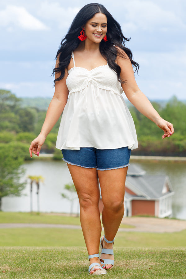 Chic Soul plus size clothing, white babydoll style top with a smocked bodice and flutter straps