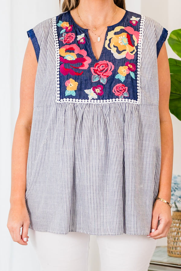 Chic Soul plus size clothing, blue and white stripe tank top with floral embroidery  