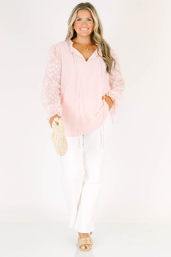 Chic Soul plus size clothing, long-sleeve split-v-neckline soft pink top with tassels and sheer floral sleeves 