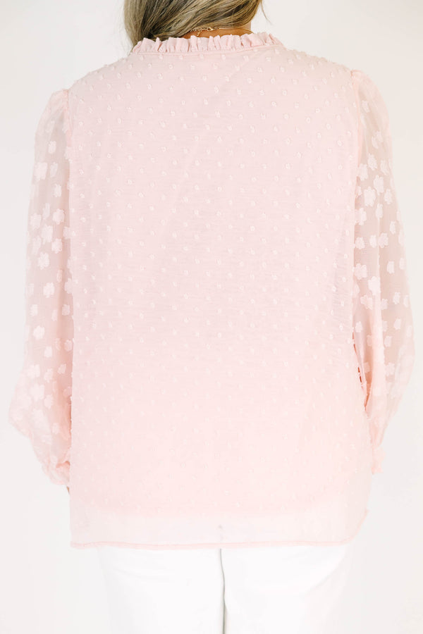 Chic Soul plus size clothing, long-sleeve split-v-neckline soft pink top with tassels and sheer floral sleeves 