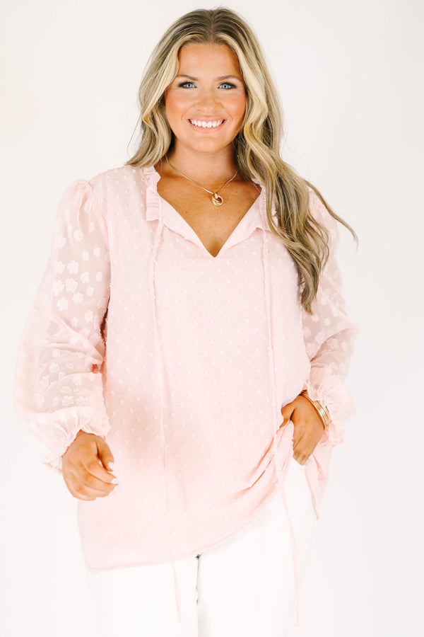 Chic Soul plus size clothing, long-sleeve split-v-neckline soft pink top with tassels and sheer floral sleeves 