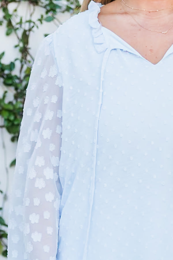 Chic Soul plus size clothing, pale blue long sleeve top with polka dot pattern and sheer sleeves