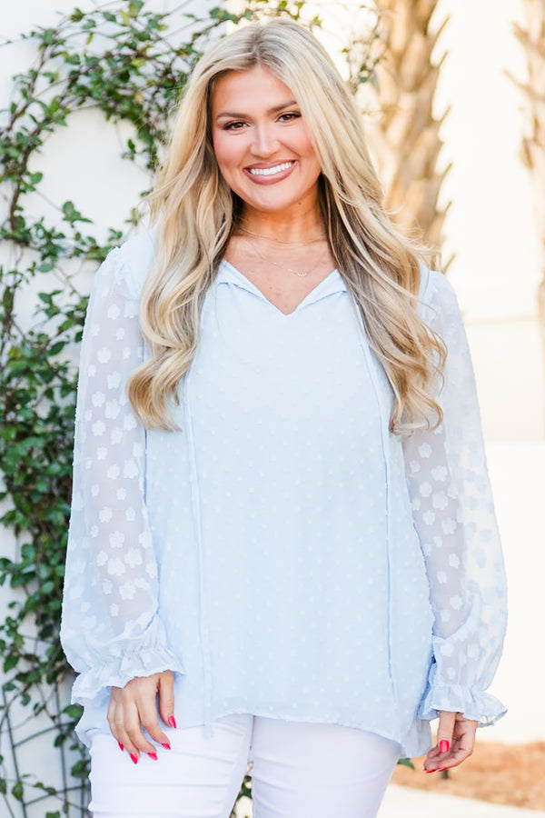 Chic Soul plus size clothing, pale blue long sleeve top with polka dot pattern and sheer sleeves