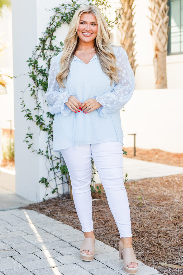 Chic Soul plus size clothing, pale blue long sleeve top with polka dot pattern and sheer sleeves