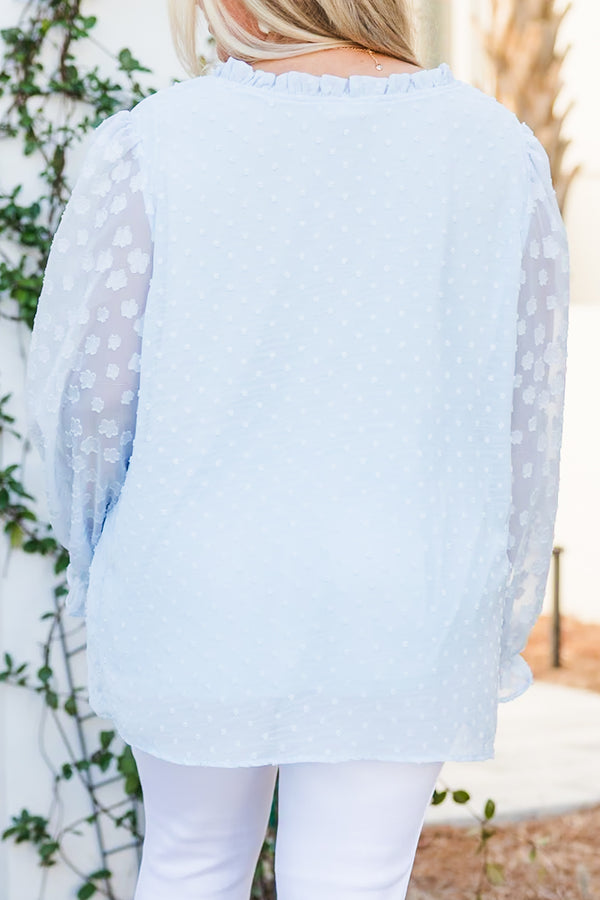 Chic Soul plus size clothing, pale blue long sleeve top with polka dot pattern and sheer sleeves