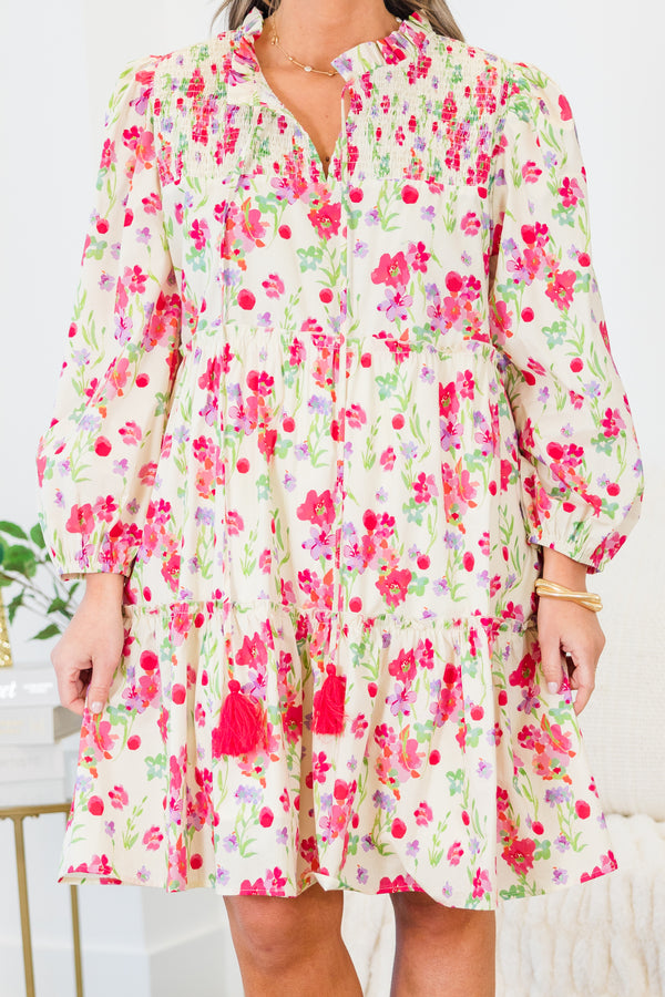 Chic Soul plus size clothing, pink long sleeve tiered floral mini dress with v cutout along neckline with smocked top with tie detail and cuffed sleeves