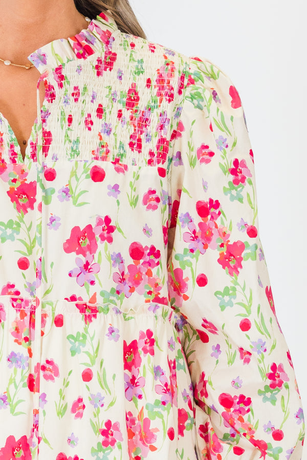 Chic Soul plus size clothing, pink long sleeve tiered floral mini dress with v cutout along neckline with smocked top with tie detail and cuffed sleeves