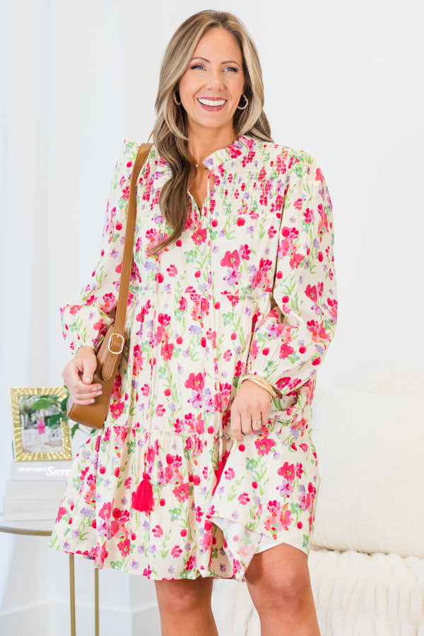 Chic Soul plus size clothing, pink long sleeve tiered floral mini dress with v cutout along neckline with smocked top with tie detail and cuffed sleeves