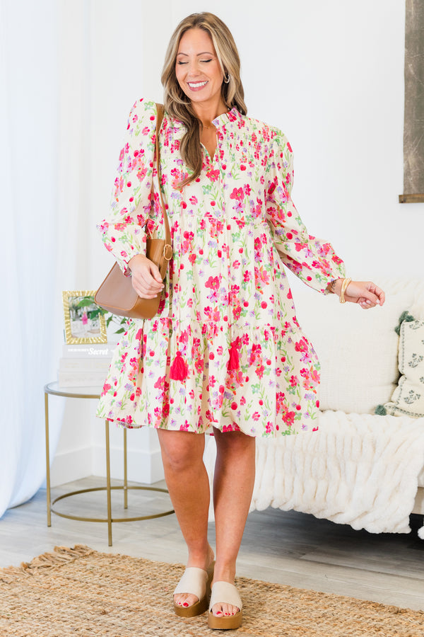 Chic Soul plus size clothing, pink long sleeve tiered floral mini dress with v cutout along neckline with smocked top with tie detail and cuffed sleeves