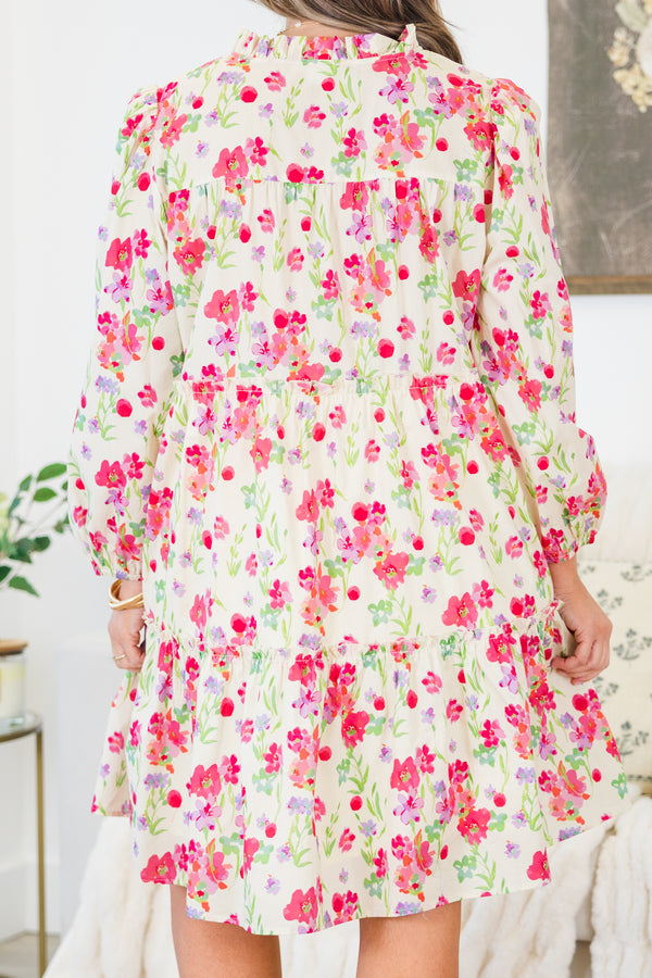 Chic Soul plus size clothing, pink long sleeve tiered floral mini dress with v cutout along neckline with smocked top with tie detail and cuffed sleeves