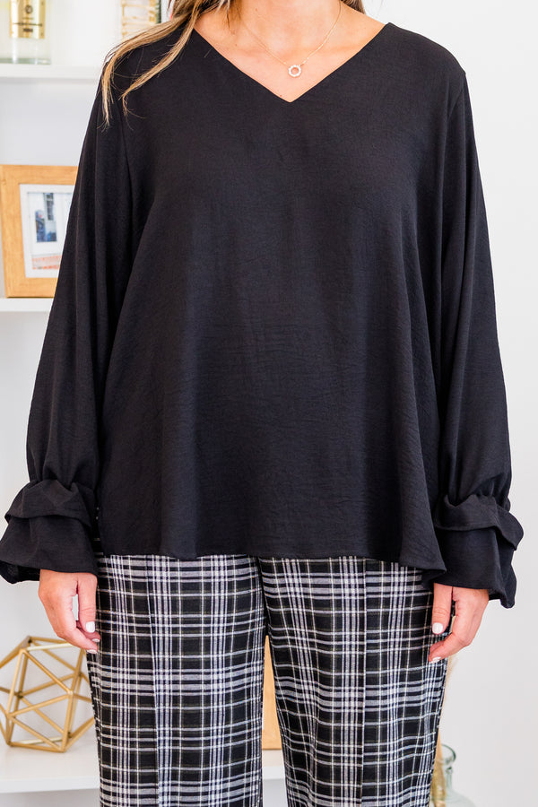 Chic Soul plus size clothing, long-sleeve black top with ruffled smocked sleeves and v-neckline