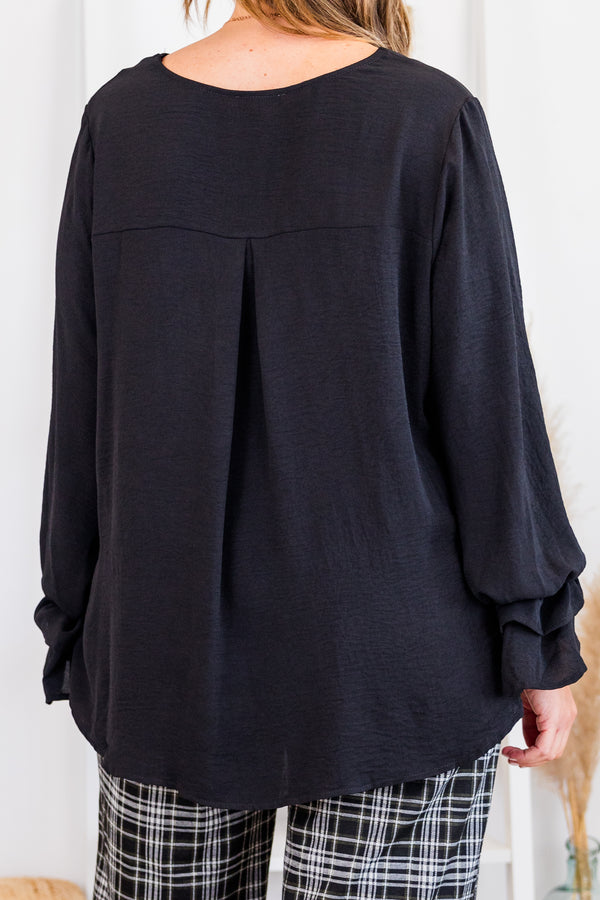 Chic Soul plus size clothing, long-sleeve black top with ruffled smocked sleeves and v-neckline