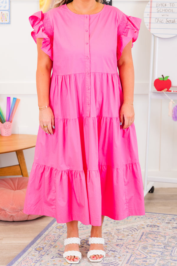 Chic Soul plus size clothing, short-sleeve hot pink ruffled midi dress with ruffled details on sleeves and lower-half of dress with button detailing down the middle of the dress 