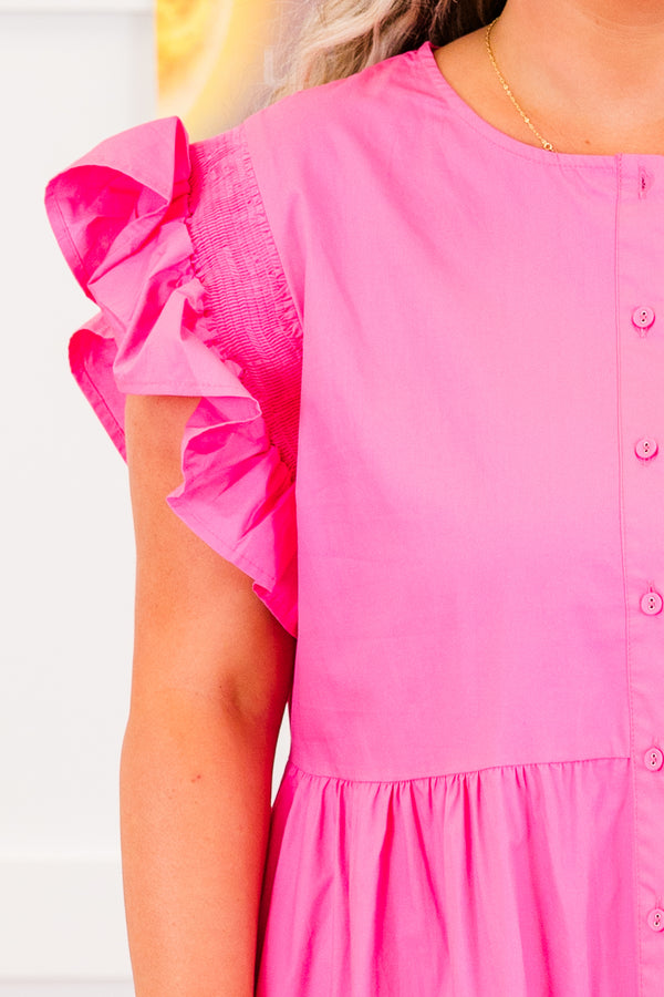 Chic Soul plus size clothing, short-sleeve hot pink ruffled midi dress with ruffled details on sleeves and lower-half of dress with button detailing down the middle of the dress 