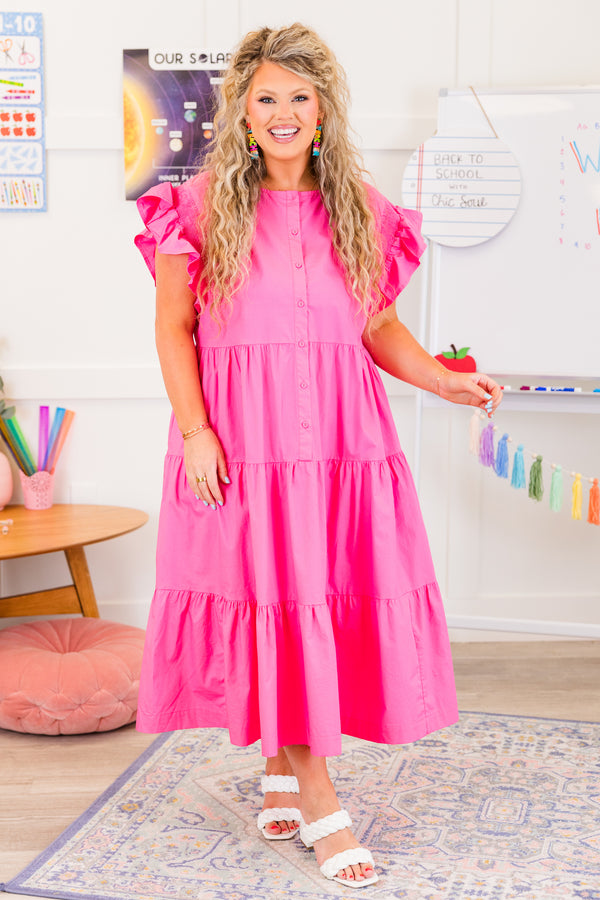 Chic Soul plus size clothing, short-sleeve hot pink ruffled midi dress with ruffled details on sleeves and lower-half of dress with button detailing down the middle of the dress 