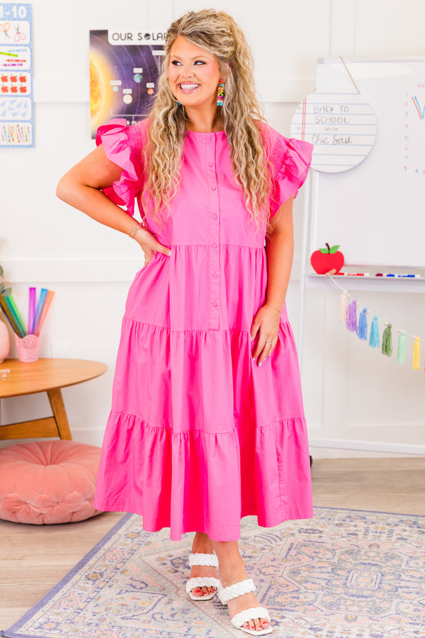 Chic Soul plus size clothing, short-sleeve hot pink ruffled midi dress with ruffled details on sleeves and lower-half of dress with button detailing down the middle of the dress 