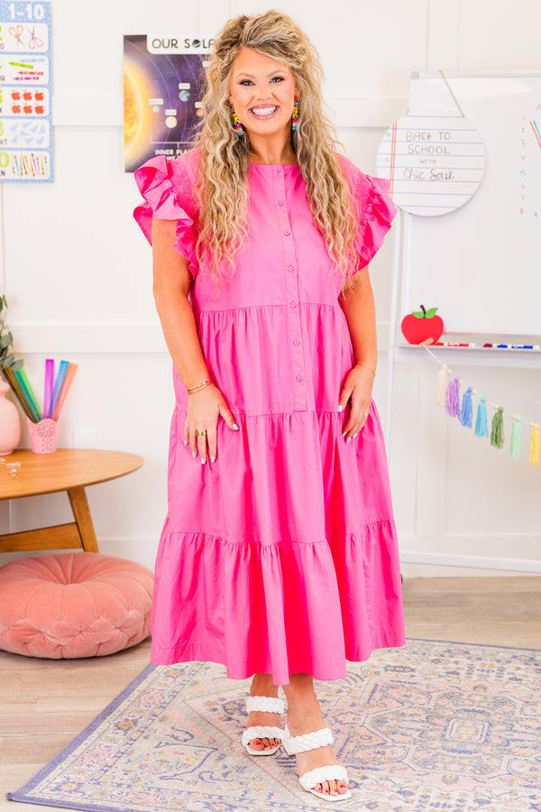 Chic Soul plus size clothing, short-sleeve hot pink ruffled midi dress with ruffled details on sleeves and lower-half of dress with button detailing down the middle of the dress 
