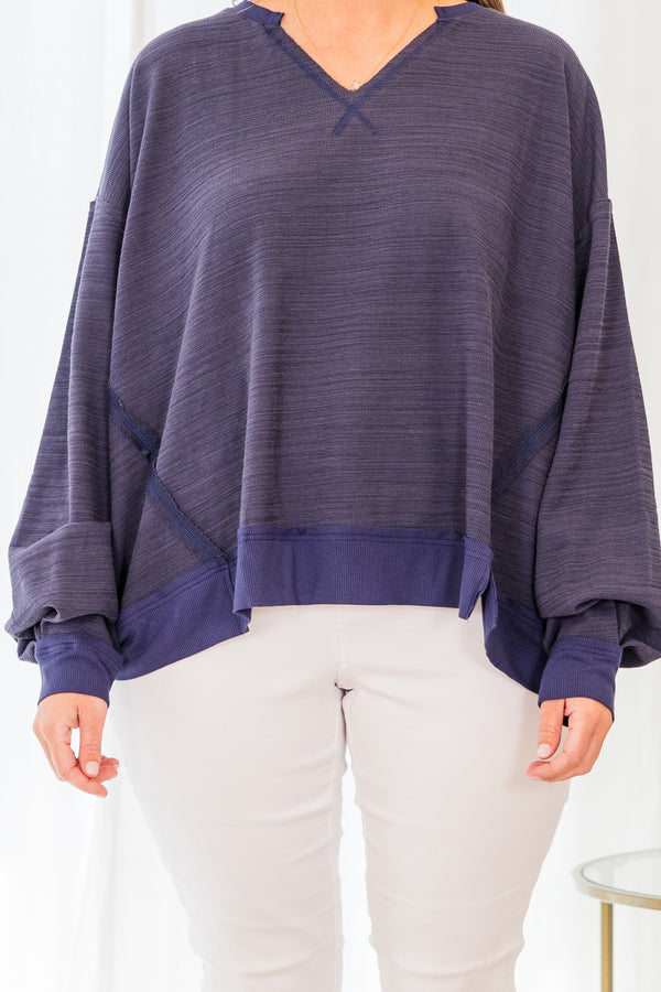Chic Soul plus size clothing, long sleeve navy pullover with v-neckline and darker navy stitching details