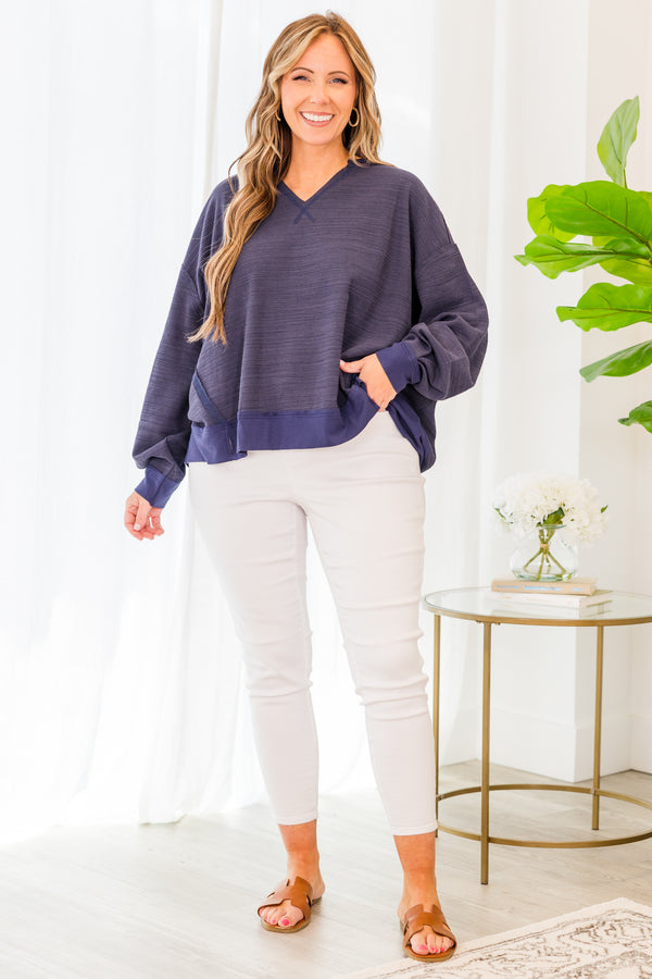 Chic Soul plus size clothing, long sleeve navy pullover with v-neckline and darker navy stitching details