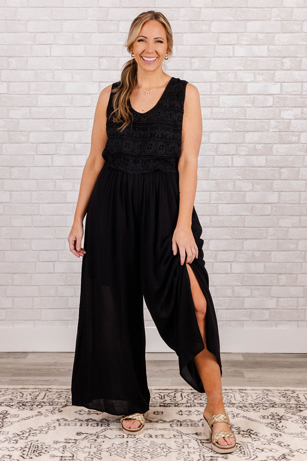 Chic Soul plus size clothing, black sleeveless scoop neck jumpsuit with slit in legs